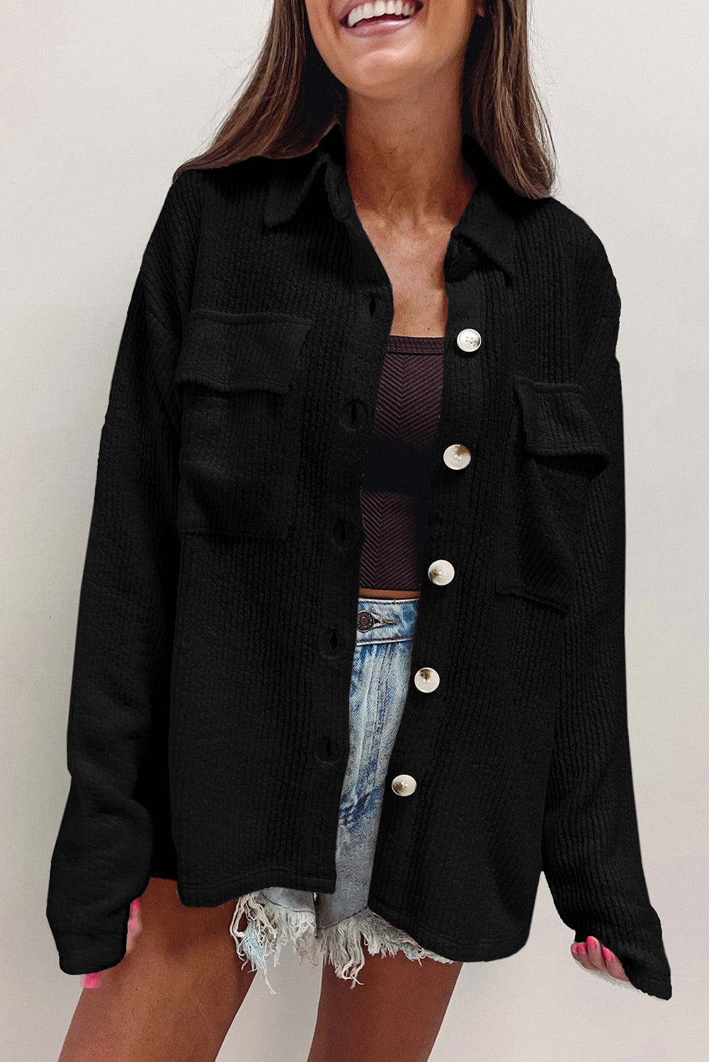 Black Solid Color Corduroy Buttoned Long Sleeve Shacket