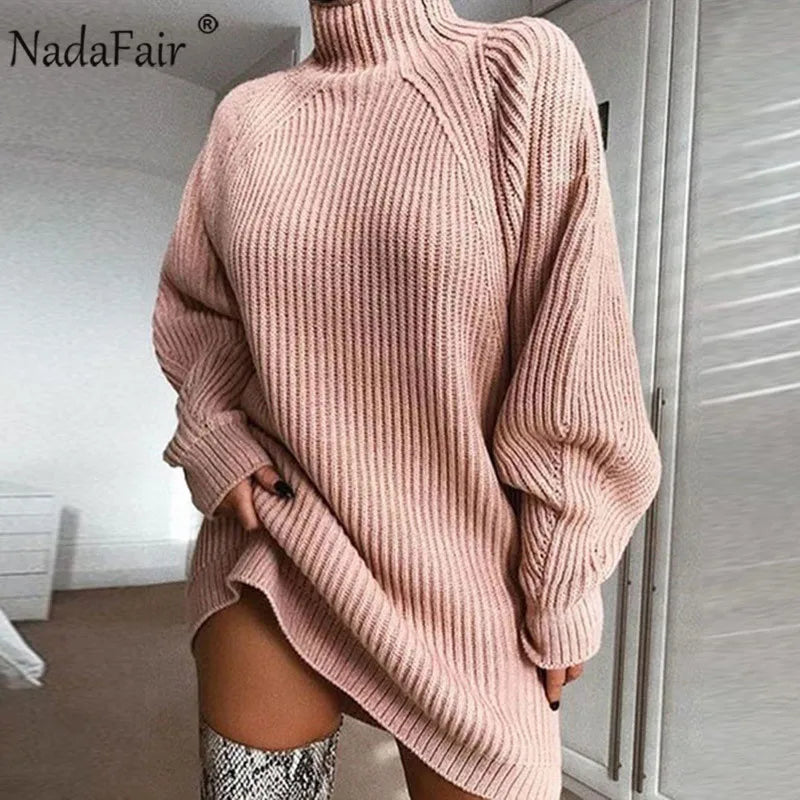 Nadafair Knitted Turtleneck Winter Dress Long Sleeve Loose Mini Solid Casual Warm Sweater Dresses Women