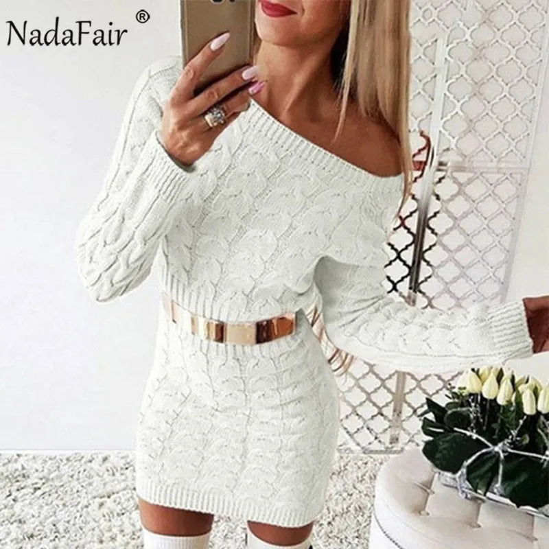 Nadafair Sweater Dress Women Autumn Mini Long Sleeve Elegant Pink White Black Knitted Bodycon Winter Dress Ladies Vestidos