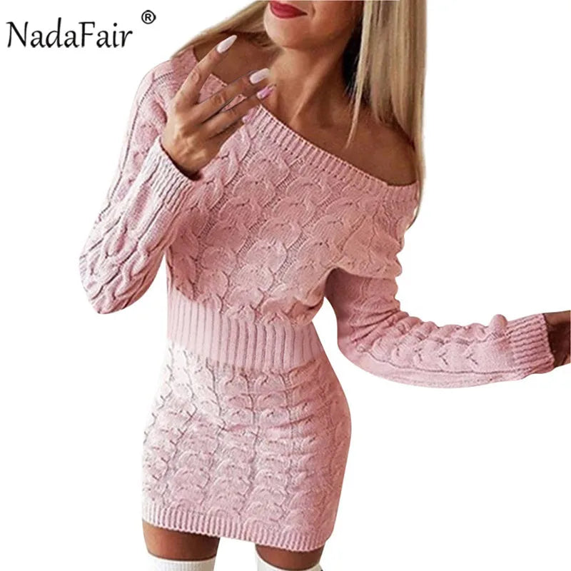 Nadafair Sweater Dress Women Autumn Mini Long Sleeve Elegant Pink White Black Knitted Bodycon Winter Dress Ladies Vestidos