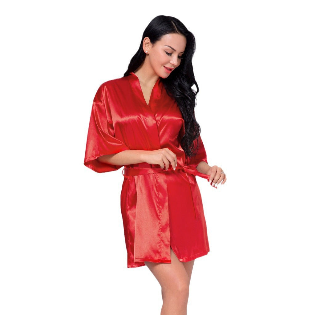 Cross-border hot 2024 new pajamas Ice Silk women's sexy nightgown artificial silk kimono bathrobe summer