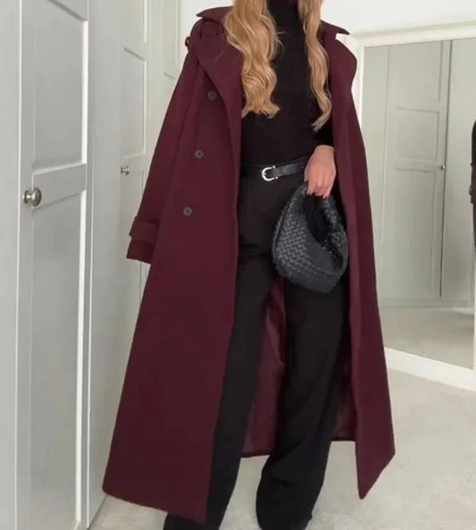 Elegant Bordeaux Lapel Mix Maxi Overcoat