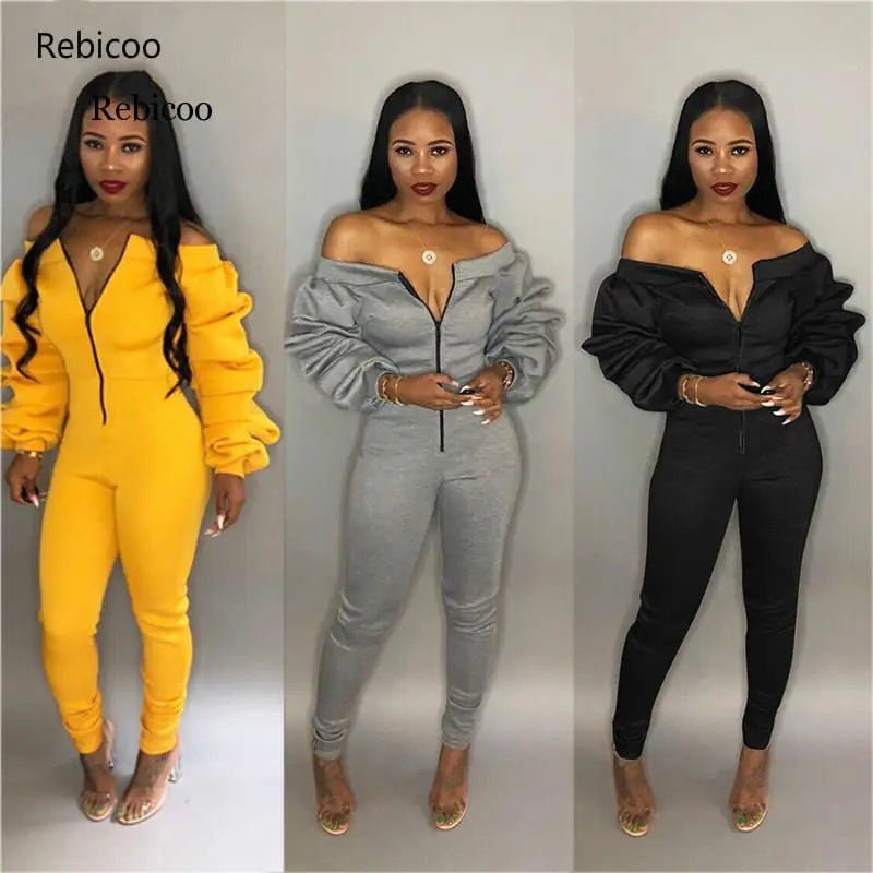 Women Casual Jumpsuit Zipper Front Slash Neck Off Shoulder Long Puff Sleeve Thick Romper Fashion Overalls Female Jumper