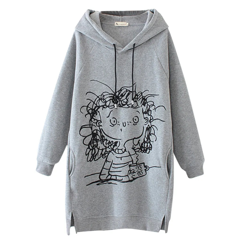 Women Long Hoodie Sweatshirt Pullover Cartoon Print Long Sleeve Splited Pockets Sweatshirt Hoody Pullovers Dress Sudadera Mujer