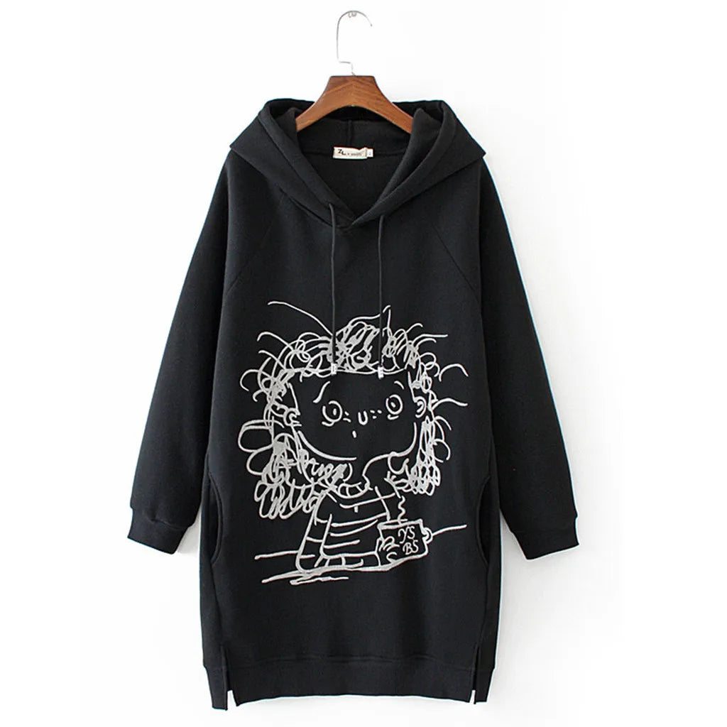 Women Long Hoodie Sweatshirt Pullover Cartoon Print Long Sleeve Splited Pockets Sweatshirt Hoody Pullovers Dress Sudadera Mujer