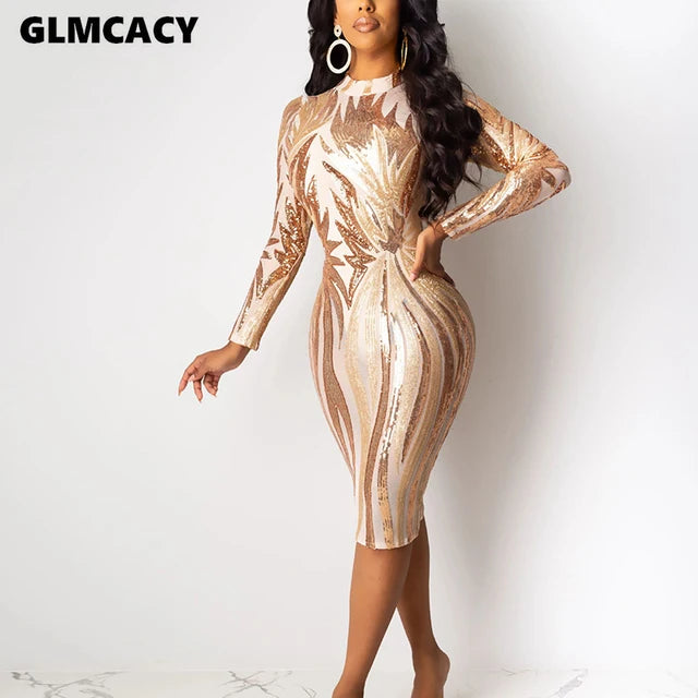 Women Long Sleeve Sequined Bodycon Dress Sexy & Club Shining Sparkly Night Out See Through Spring Fall Party Vestido