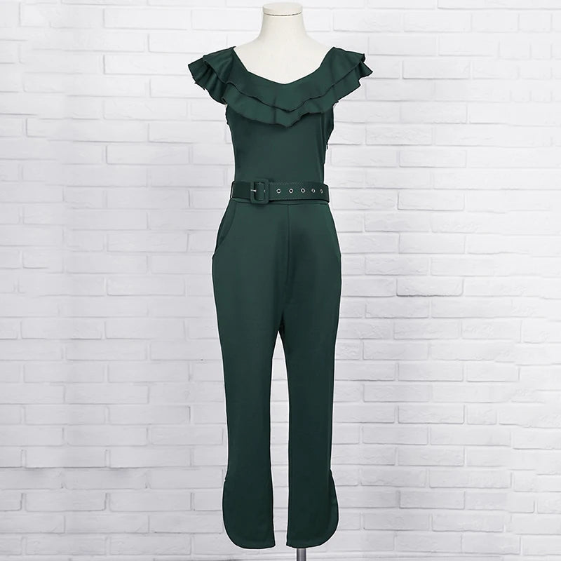 Women Off shoulder jumpsuit with belt Elegant stylish jumpsuit Layered ruffle split leg high waist jumpsuits Female overalls