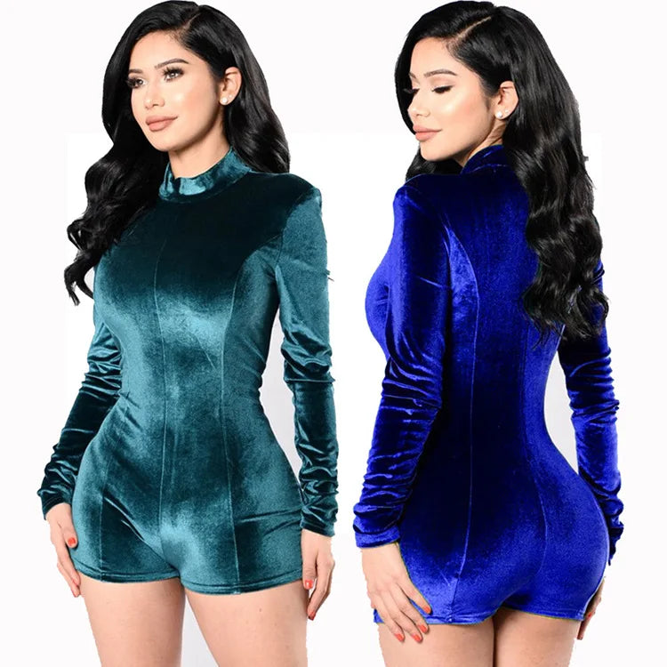 Women Sexy Nightclub Bodysuits Tights Autumn Long Sleeve Velvet Playsuits Turtleneck Bodycon Slim Jumpsuits Fast Shipping