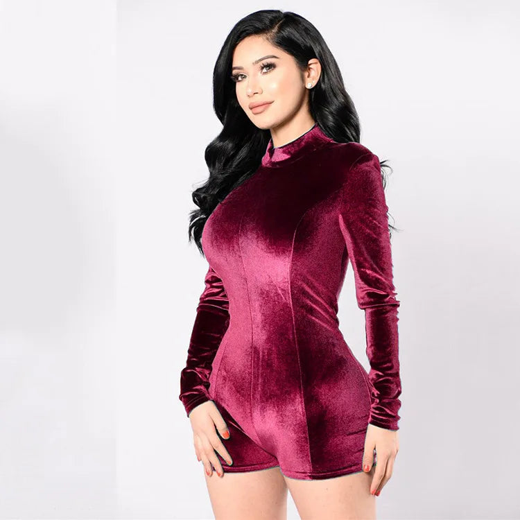 Women Sexy Nightclub Bodysuits Tights Autumn Long Sleeve Velvet Playsuits Turtleneck Bodycon Slim Jumpsuits Fast Shipping