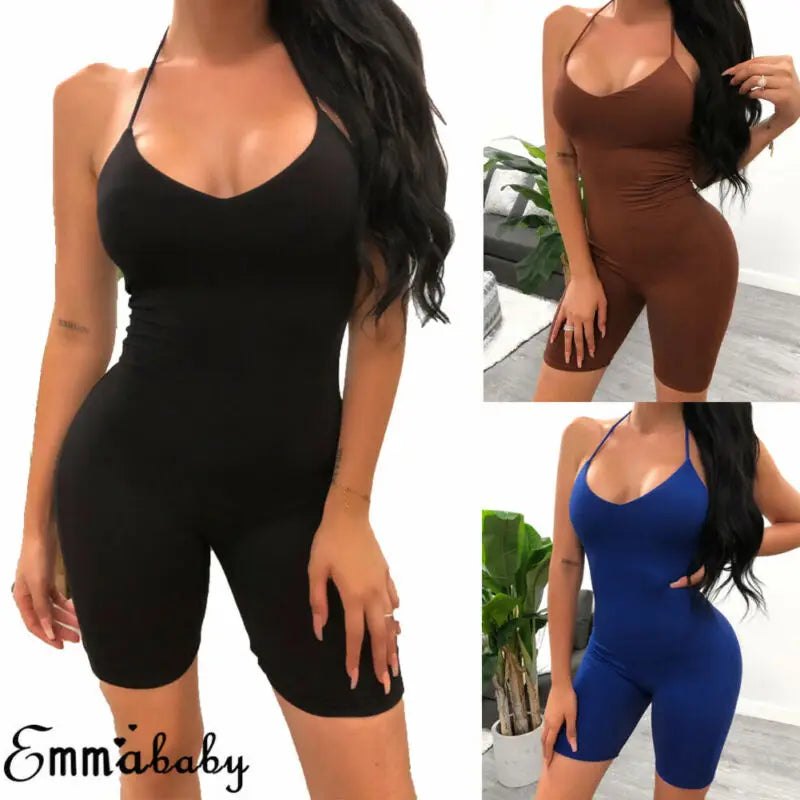 Women Soild Jumpsuit Shorts Fitness Workout Gym Sport Bodysuit Athletic Leggings One Pieces Playsuit