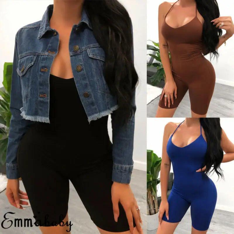 Women Soild Jumpsuit Shorts Fitness Workout Gym Sport Bodysuit Athletic Leggings One Pieces Playsuit