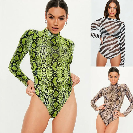 Women Turtleneck Sheer Mesh Long Sleeve Leotard Tops Bodysuit Leopard Snake Skin Zebra Print Bodycon Clubwear Bodysuit Jumpsuit