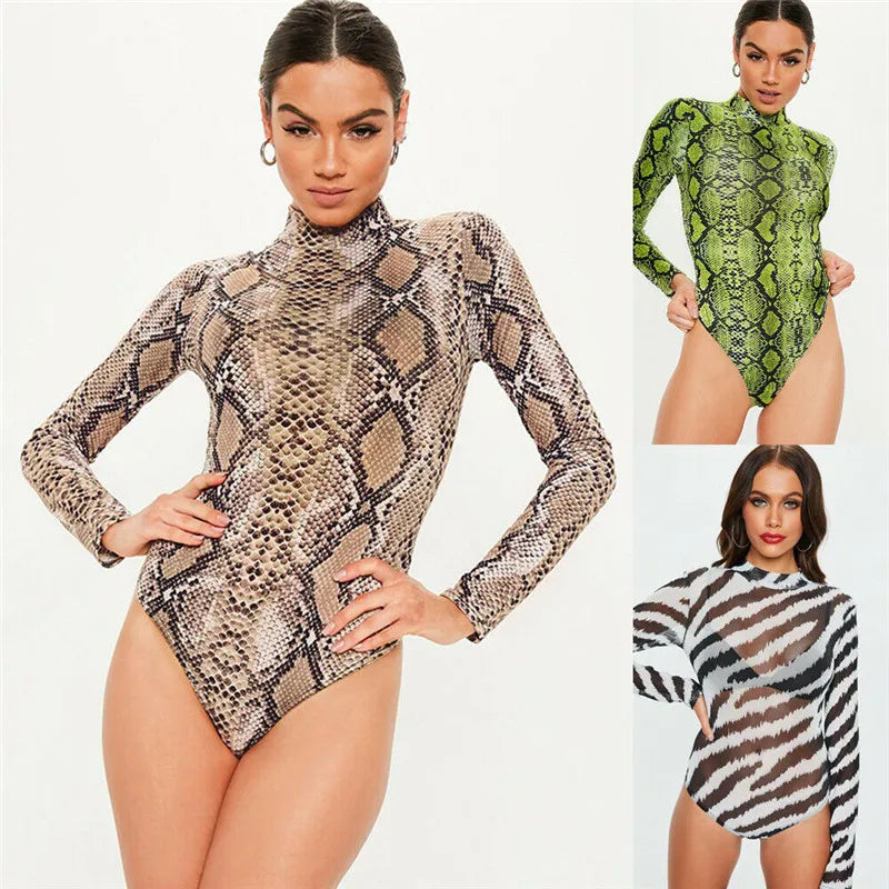 Women Turtleneck Sheer Mesh Long Sleeve Leotard Tops Bodysuit Leopard Snake Skin Zebra Print Bodycon Clubwear Bodysuit Jumpsuit