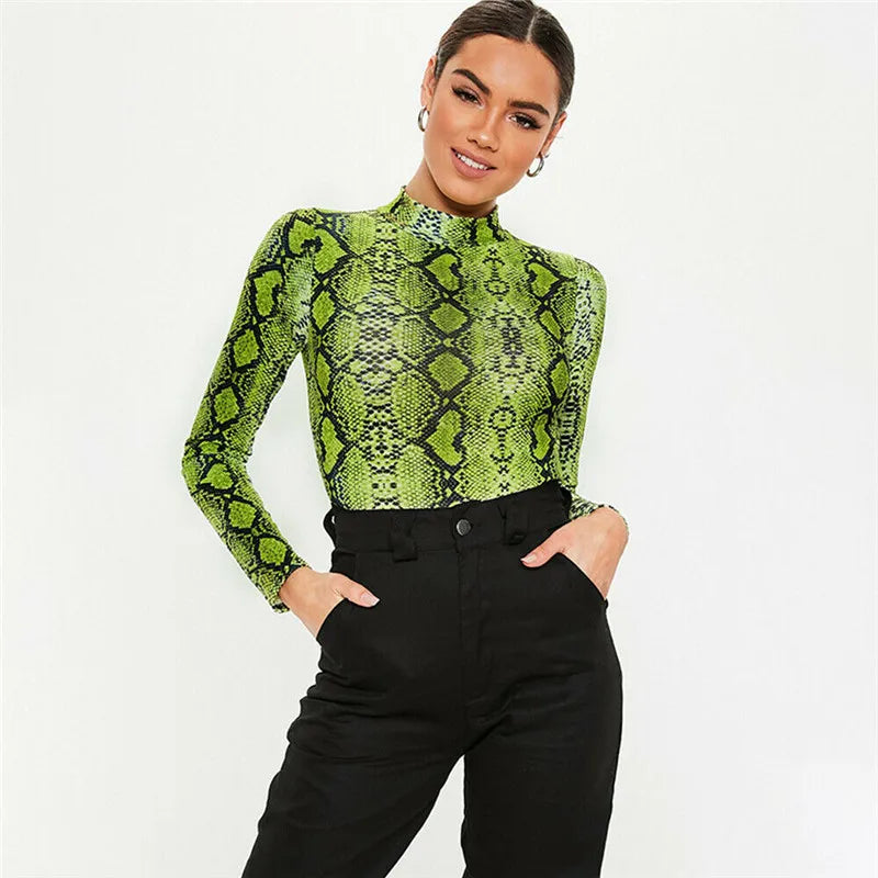 Women Turtleneck Sheer Mesh Long Sleeve Leotard Tops Bodysuit Leopard Snake Skin Zebra Print Bodycon Clubwear Bodysuit Jumpsuit