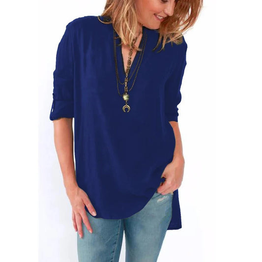 Women V-neck Long Sleeve Chiffon Blouse Casual Loose Tops Elegant Solid Shirts Plus Size