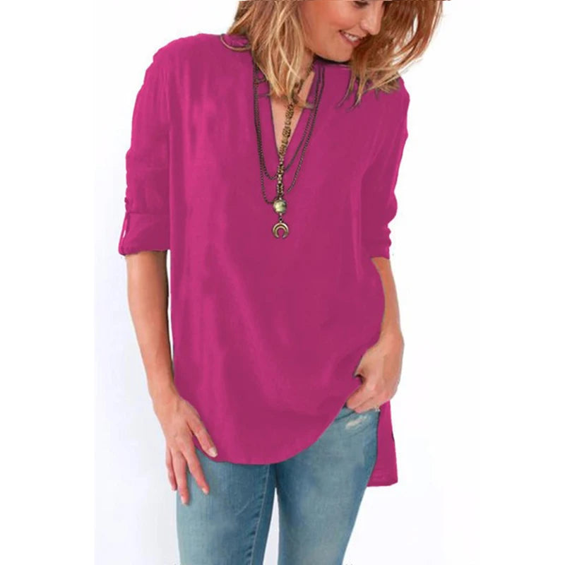 Women V-neck Long Sleeve Chiffon Blouse Casual Loose Tops Elegant Solid Shirts Plus Size