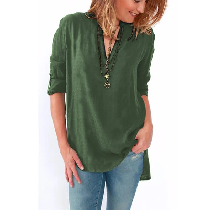 Women V-neck Long Sleeve Chiffon Blouse Casual Loose Tops Elegant Solid Shirts Plus Size