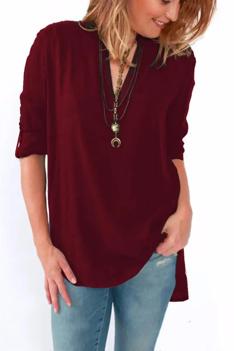 Women V-neck Long Sleeve Chiffon Blouse Casual Loose Tops Elegant Solid Shirts Plus Size