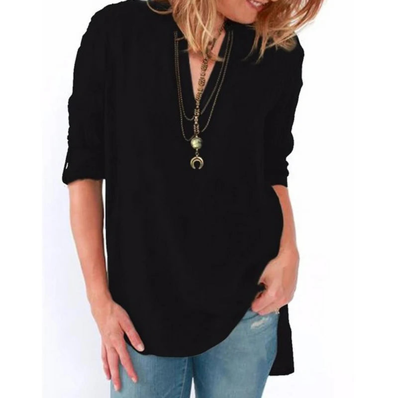 Women V-neck Long Sleeve Chiffon Blouse Casual Loose Tops Elegant Solid Shirts Plus Size