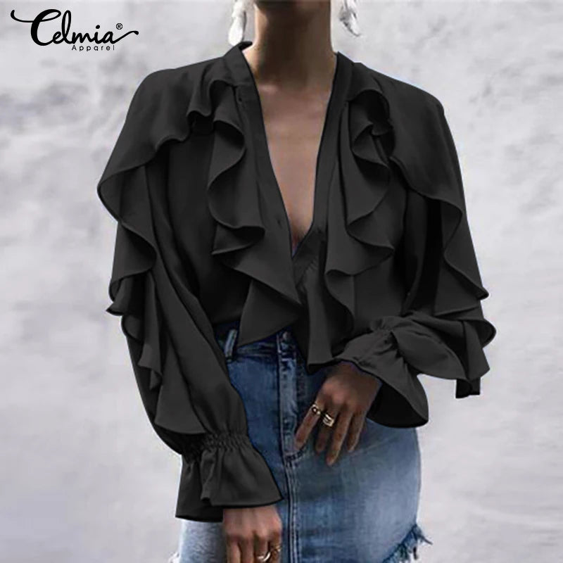 Women's Blouse Shirt Celmia Sexy V neck Long Sleeve Female Casual Ruffle Shirt Button Solid Street Blusas Plus Size OL Work Tops