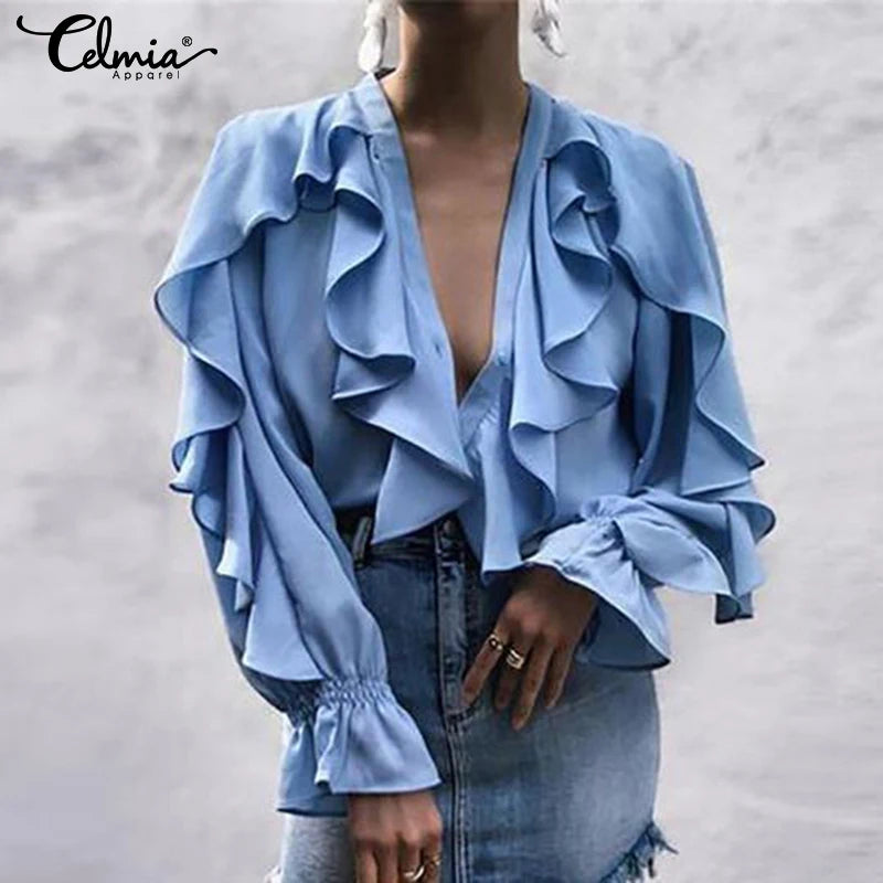 Women's Blouse Shirt Celmia Sexy V neck Long Sleeve Female Casual Ruffle Shirt Button Solid Street Blusas Plus Size OL Work Tops