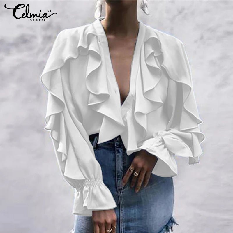 Women's Blouse Shirt Celmia Sexy V neck Long Sleeve Female Casual Ruffle Shirt Button Solid Street Blusas Plus Size OL Work Tops