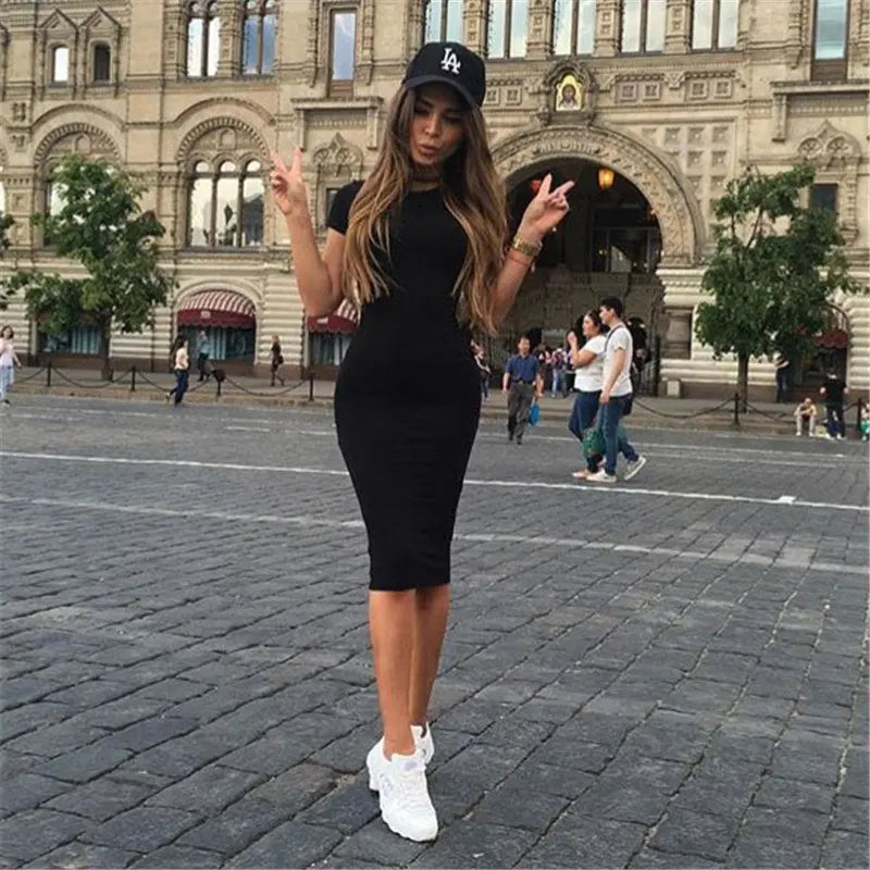 Womens Dress Vestido Summer Short Or Long Sleeve Slim Bodycon Dress Tunic Round Neck Casual Pencil Dress 2019 S-XL WDC1475