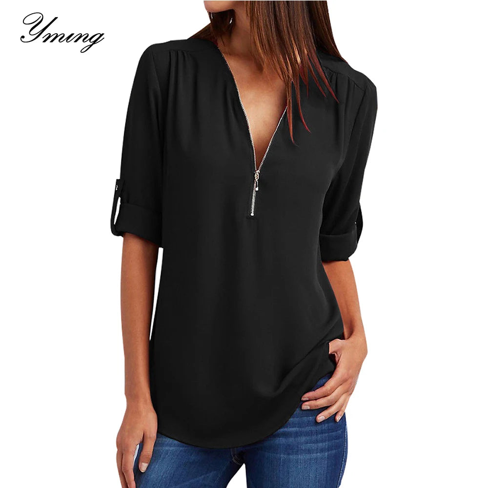 YMING Front Zipper Chiffon Blouse Women V Neck Office Casual Female Ladies Tops Long Sleeve Blusas Shirts Vintage White Tunic