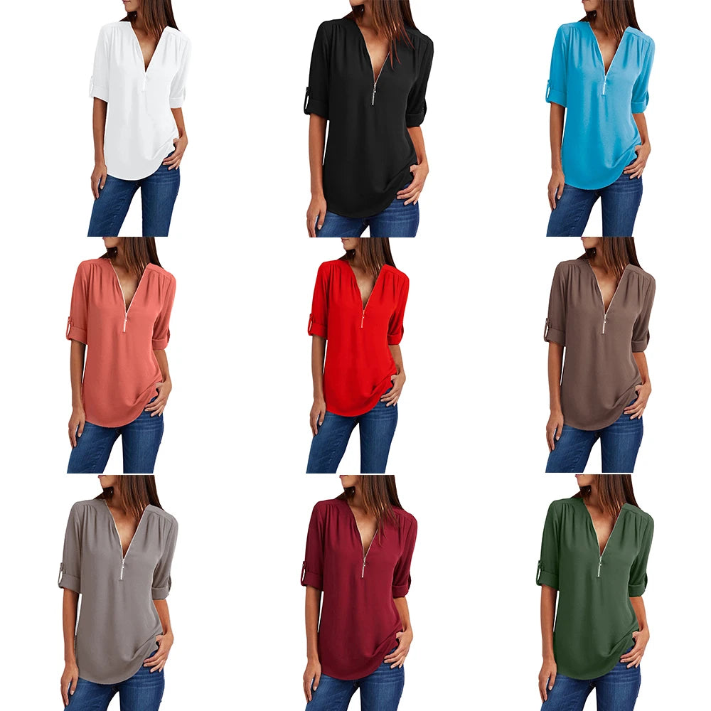 YMING Front Zipper Chiffon Blouse Women V Neck Office Casual Female Ladies Tops Long Sleeve Blusas Shirts Vintage White Tunic