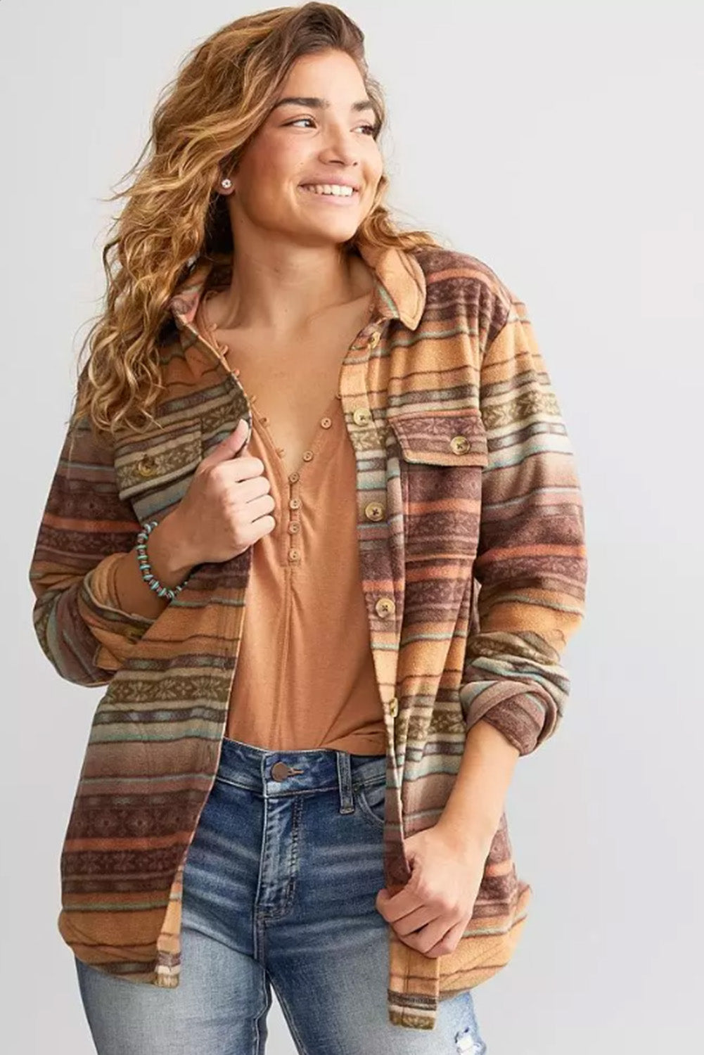 Brown Western Print Fleece Shacket