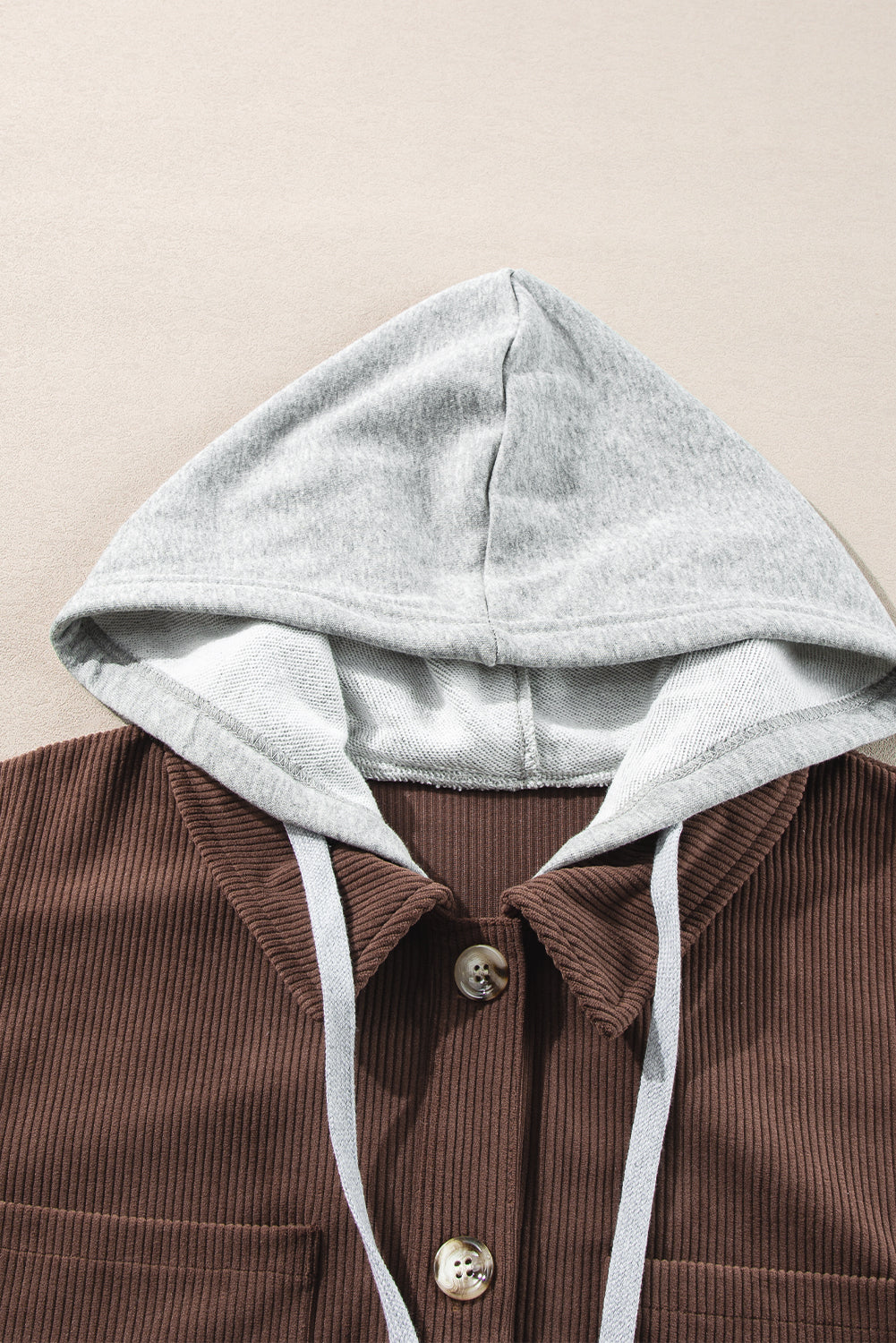 Coffee Hooded Drawstring Pockets Corduroy Shacket