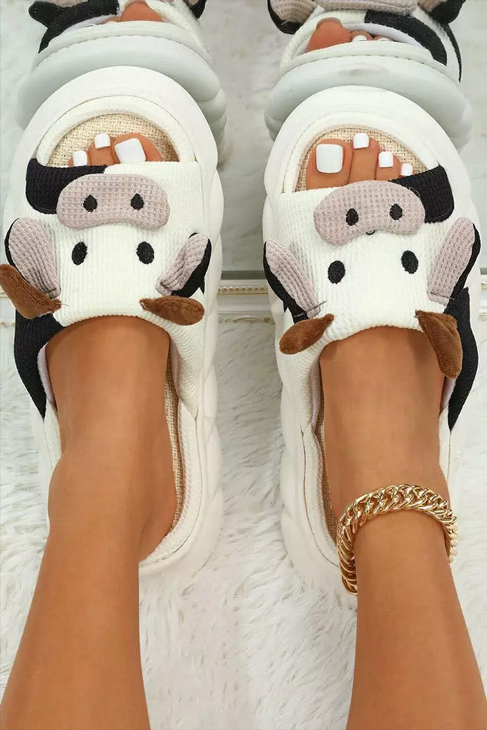 White Cute Cow Pattern Open Toe Slippers