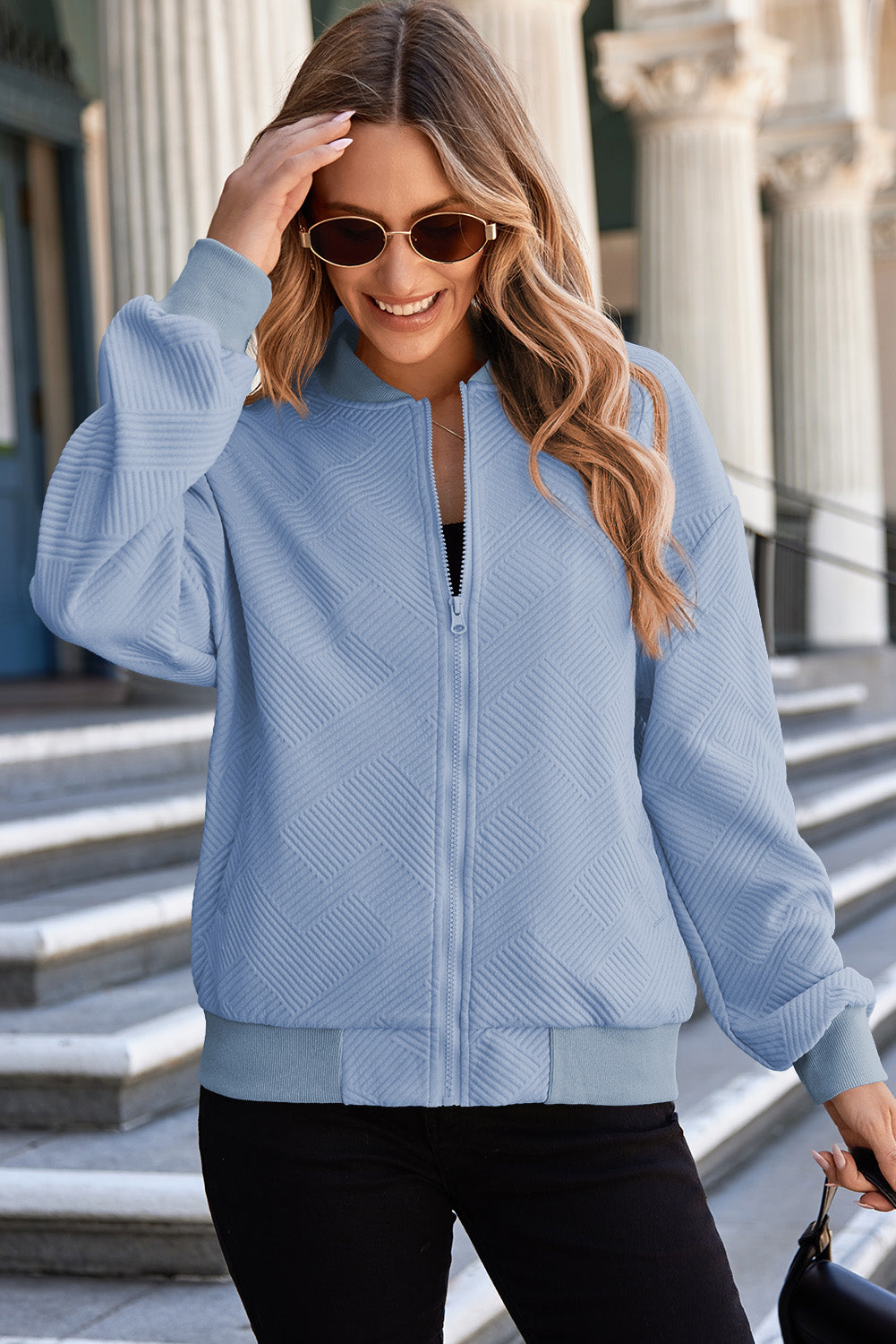 Myosotis Solid Textured Stand Neck Zipper Bomber Jacket